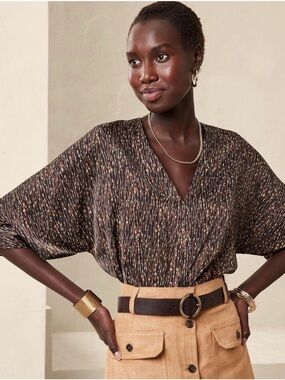 Banana Republic, Brown and Black Printed V-Neck Dolman Sleeve Top